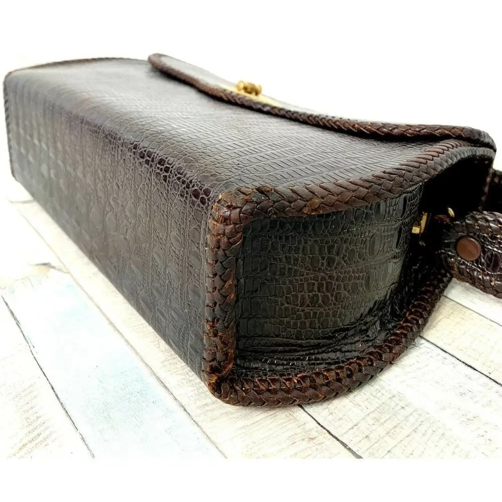TRUE VINTAGE CROCO BROWN GENUINE LEATHER FLAP TURN LOCK HANDBAG PURSE POCKETBOOK